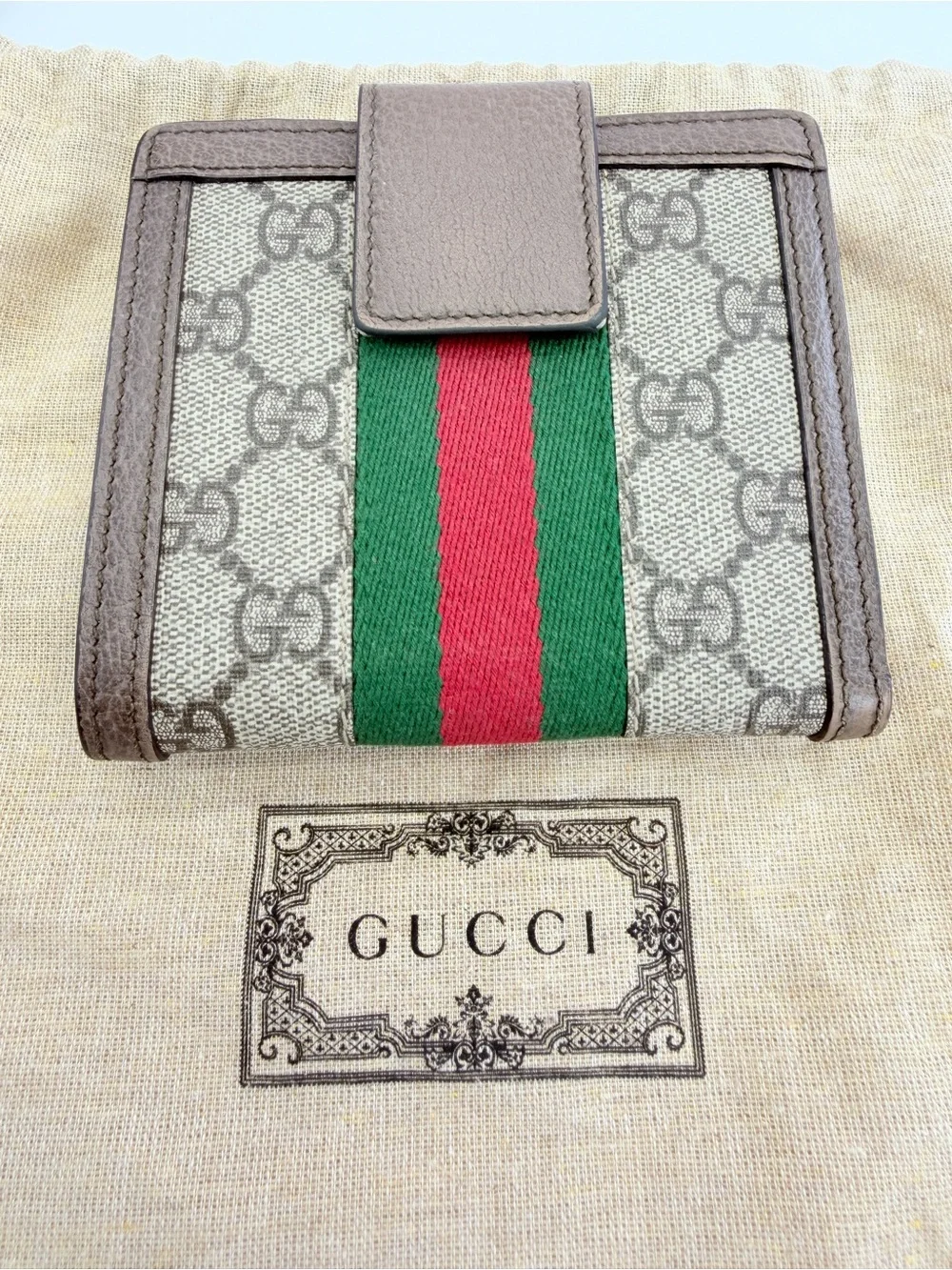Gucci GG Canvas Small Ophidia Trifold Wallet in Gray with Green & Red Web